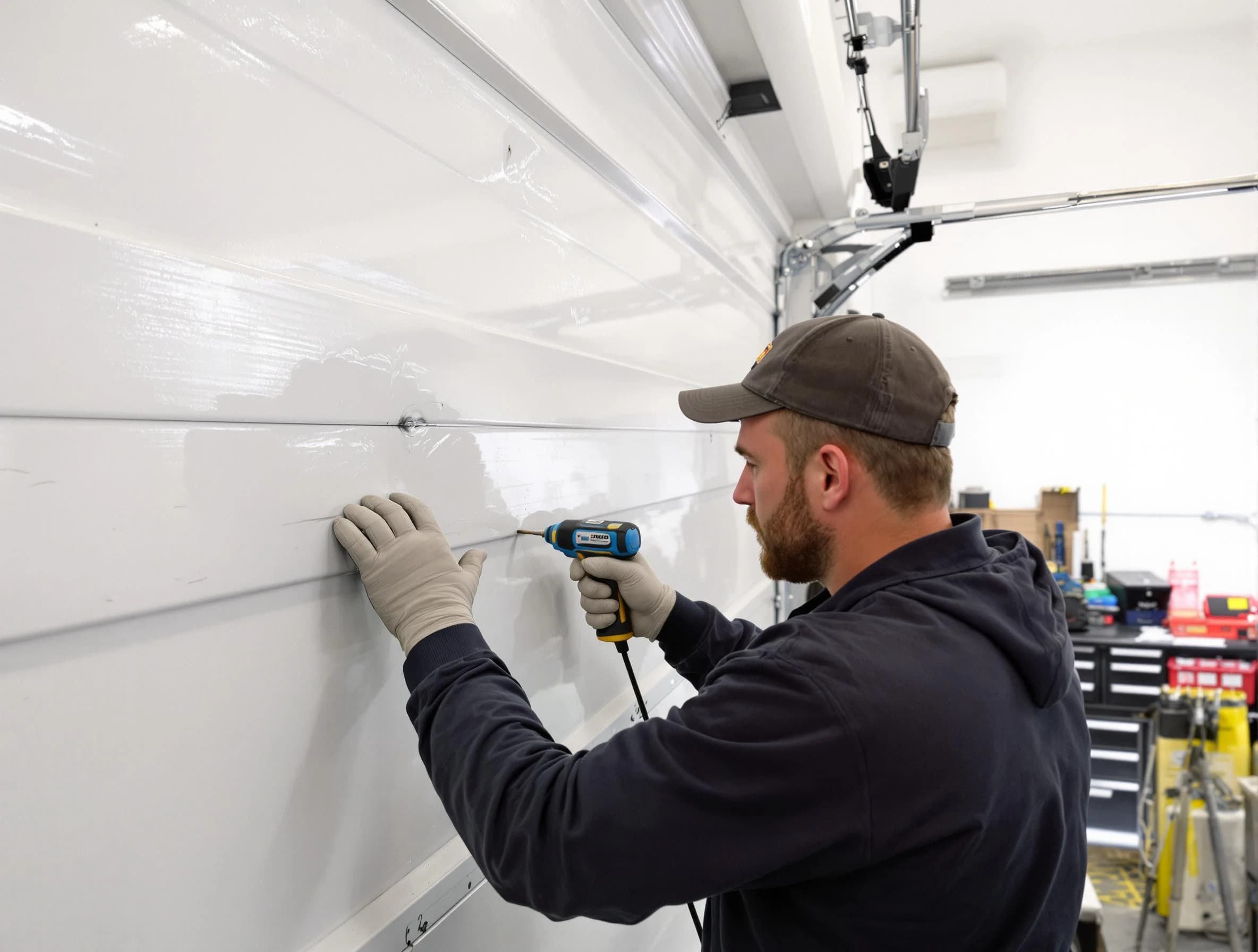 Milford Garage Door Repair technician demonstrating precision dent removal techniques on a Milford garage door