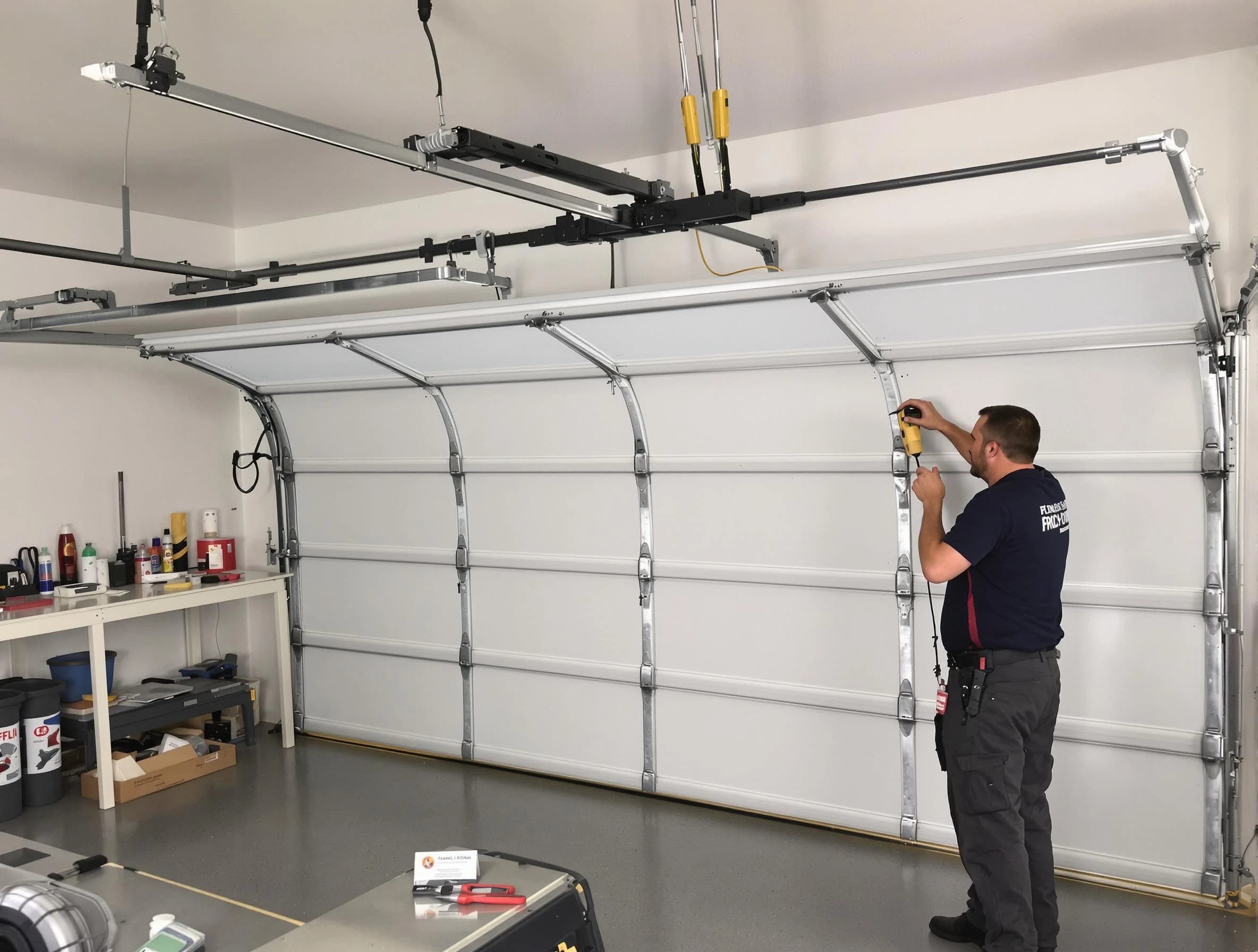 Milford Garage Door Repair certified technician performing overhead door system repair in Milford