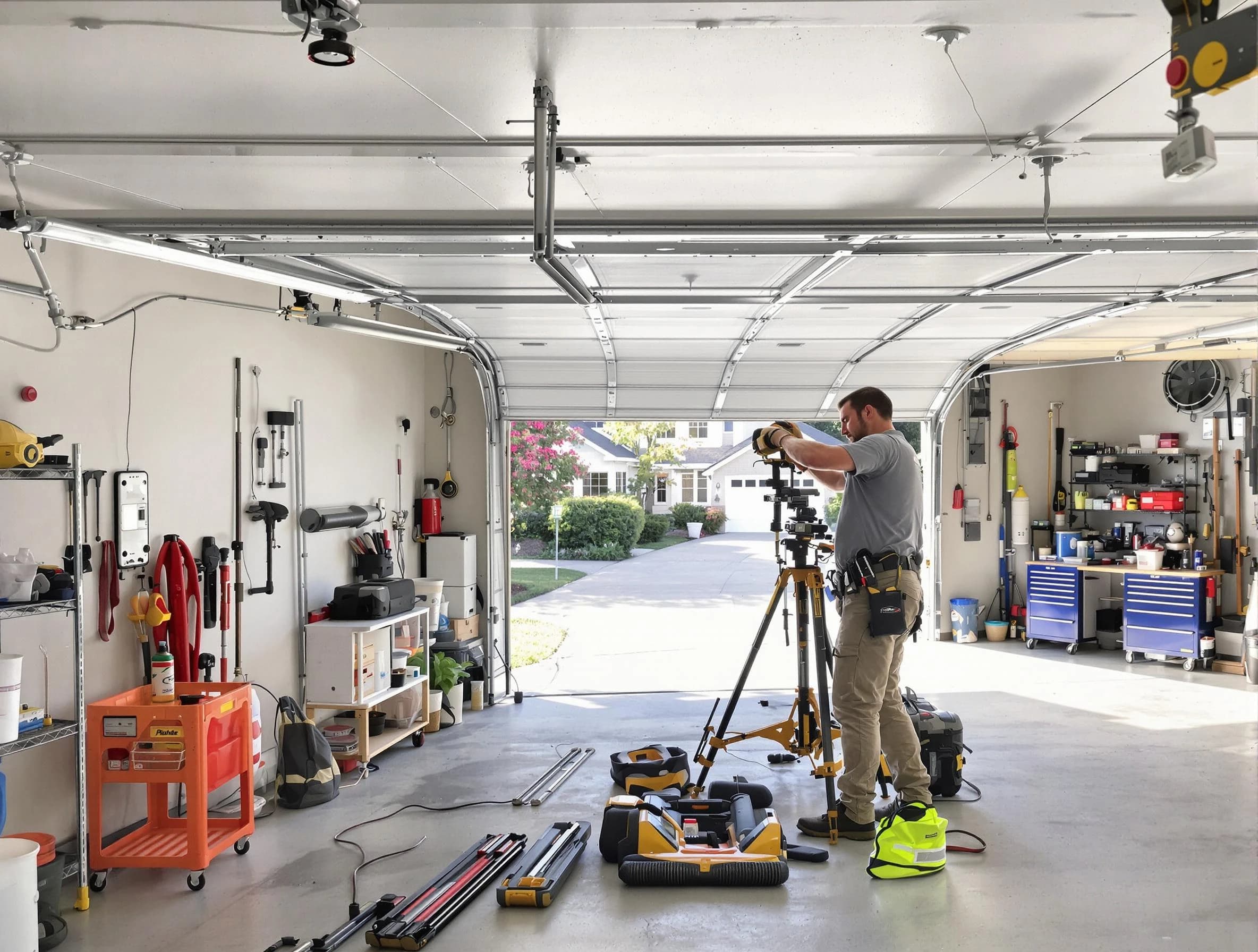 Milford Garage Door Repair specialist performing laser-guided track alignment in Milford